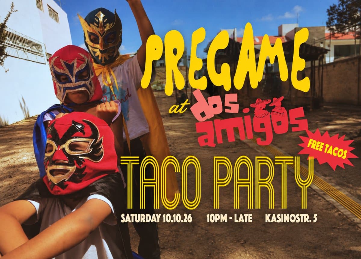 Flyer für die Pregame Taco Party bei Dos Amigos mit zwei Gästen in bunten Lucha-Libre-Masken