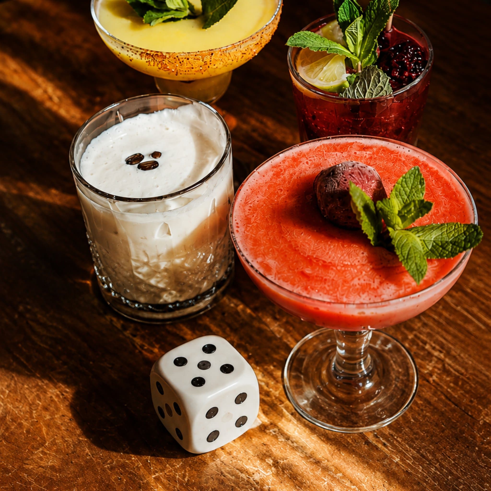 Cocktails und ein Würfel auf einem dunklen Bartisch